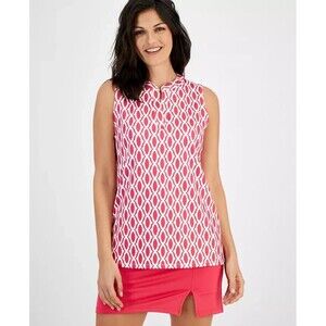 Anne Klein Women's Sleeveless Split-Neck Tunic Top, Rich Camellia Multi, M